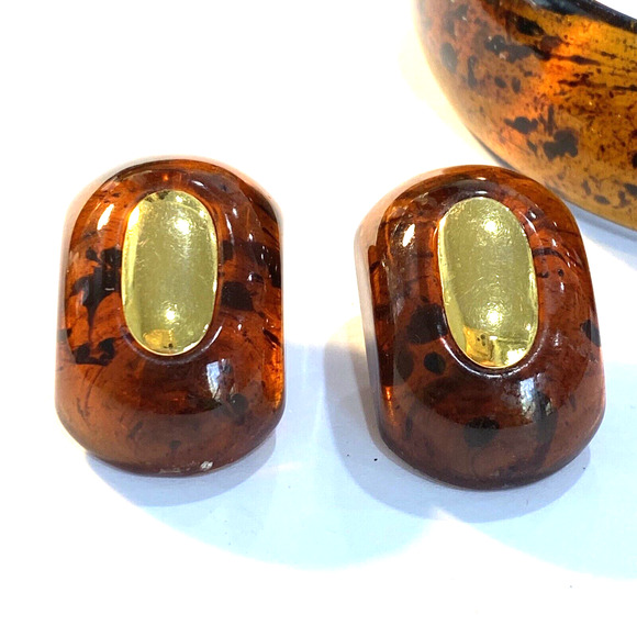 Tortoise Shell Lucite jewelry bangle bracelet clip on earrings signed W Germany - Picture 10 of 10